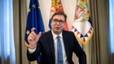 SERBIA -- Serbian President Aleksandar Vucic gestures during an interview with AFP, in Belgrade, May 14, 2018