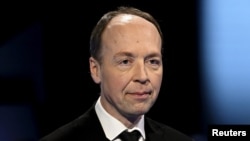 Jussi Halla-aho este actualul speaker al Parlamentului de la Helsinki și candidat din partea formațiunii Partidul Finlandezilor. Imagine din timpul dezbaterii televizate - 25 ianuarie