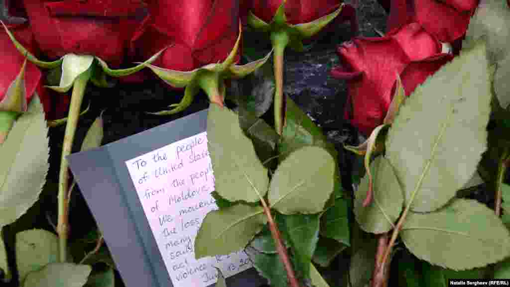 Members of an LGBT group left flowers and messages outside the U.S. Embassy in Chisinau, Moldova.&nbsp;