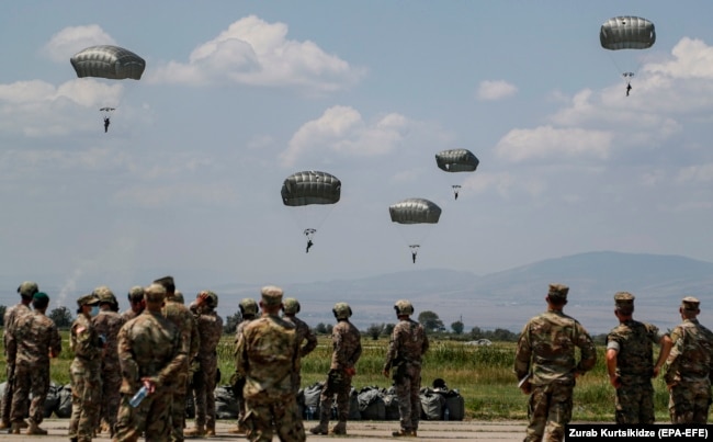 Georgian and U,S, servicemen take part in the Agile Spirit multinational military exercise at the Vaziani military base outside Tbilisi earlier this year.