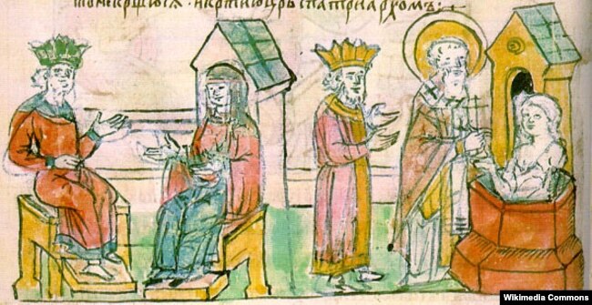 Княгиня Ольга в Царгороді. Мініатюра з Радзивіллівського літопису, ХV століття