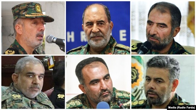 Special Unit commanders, (L to R upper row) Gholam Reza Ashrafi, Hassan Karami, Jan Nesari, (L to R lower row)Saeed Motaharizadeh, Reza Musaviand, Ali Azimi.