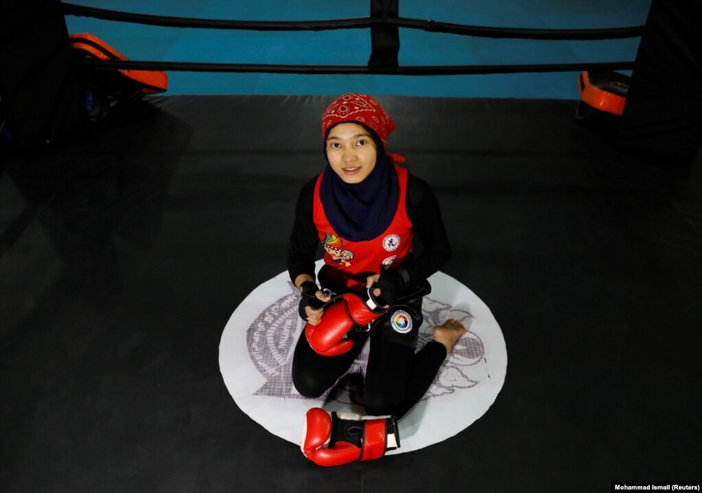 Kawsar Sherzad, 17, at her Thai boxing club in Kabul. "Afghan females have made a lot of achievements in sports. I am optimistic that the Taliban will accept these achievements."