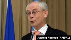 President of the European Council Herman Van Rompuy during a press conference in the Azerbaijani capital, Baku, on July 5