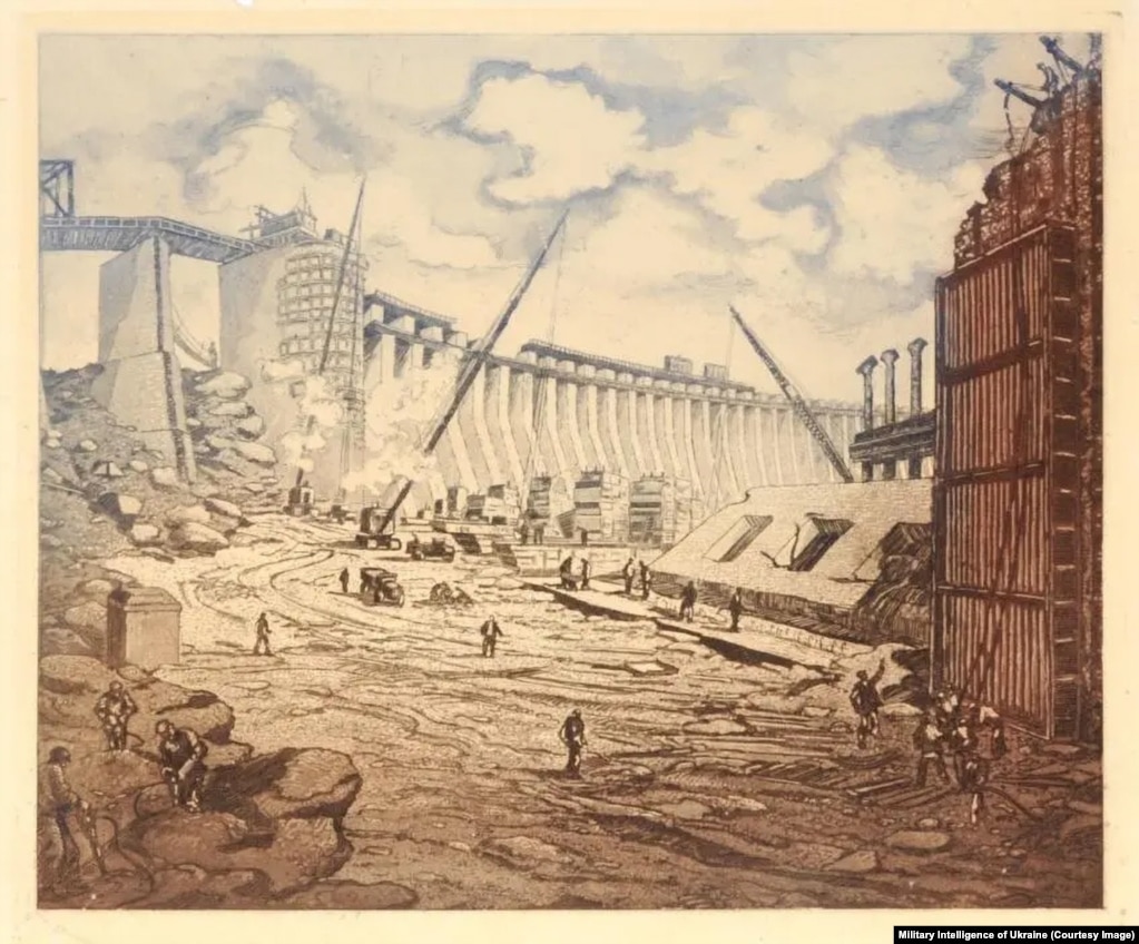 DniproHES, gravurë e vitit 1951 nga Oleksandr Pashchenko, që paraqet ndërtimin e Hidrocentralit të Dnjeprit.