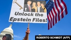 عکس ترامپ و همسرش در کنار اپستین روی پلاکارد یک حامی انتشار پرونده