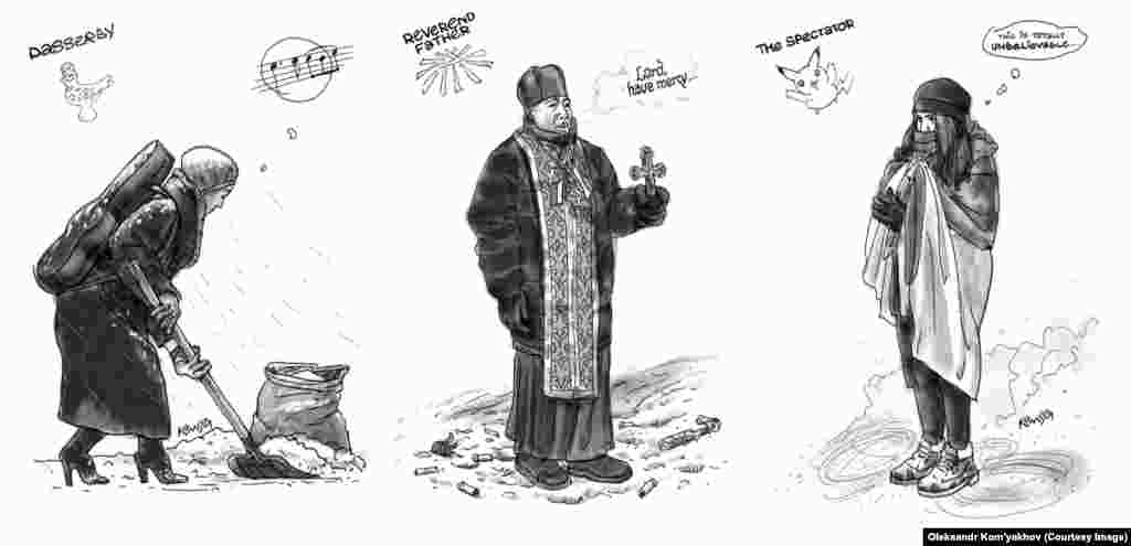 A musician stops to shovel snow onto the barricades while passing by the square; a priest solemnly prays for God to have mercy on the protesters; and a teenage girl, bundled against the cold, expresses amazement as she gazes at the protests. 