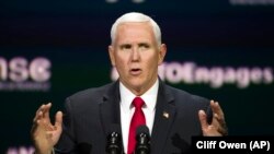 U.S. Vice President Mike Pence addresses the Atlantic Council's NATO Engages The Alliance at 70 conference in Washington on April 3.