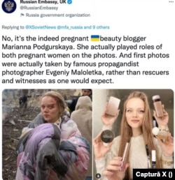 Postarea Ambasadei Ruse în Marea Britanie despre atacul de la maternitatea din Mariupol, în care susține că e o înscenare.