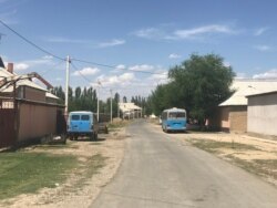 Полицейские машины припаркованы возле домов с разбитыми окнами в селе Космезгил. Туркестанская область, 27 июля 2020 года.