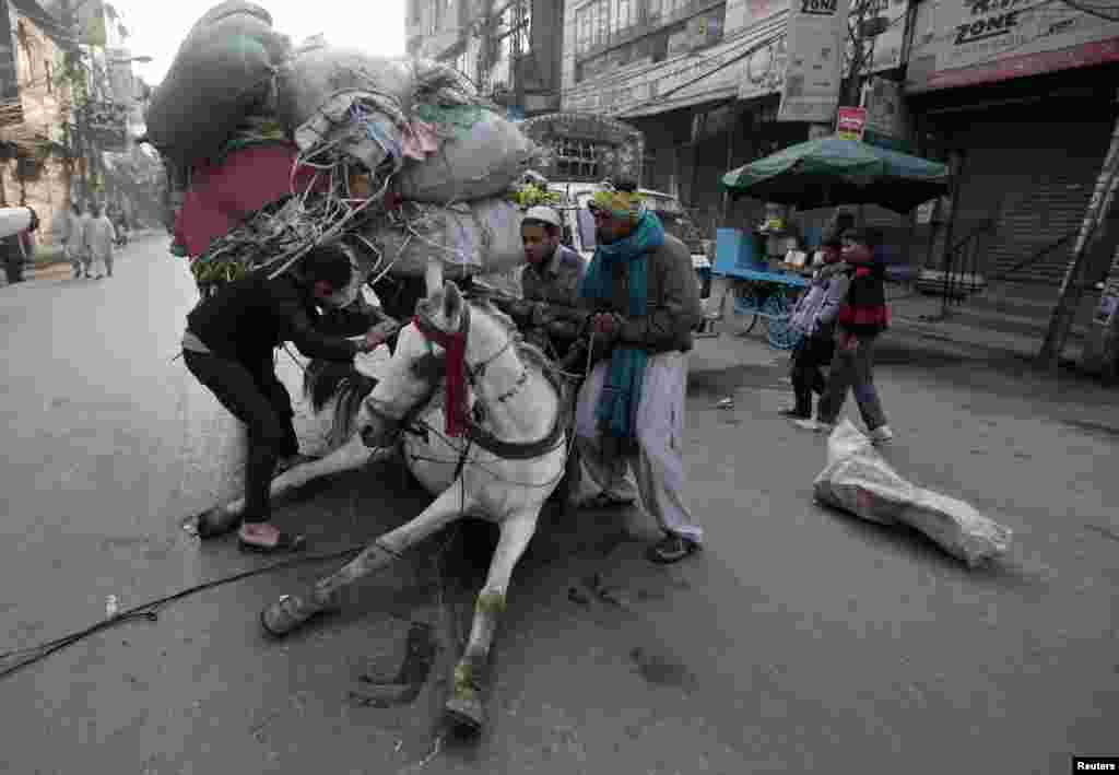 Men try to remove an overloaded cart from a horse that fell on a road in Lahore. (Reuters/Mohsin Raza)
