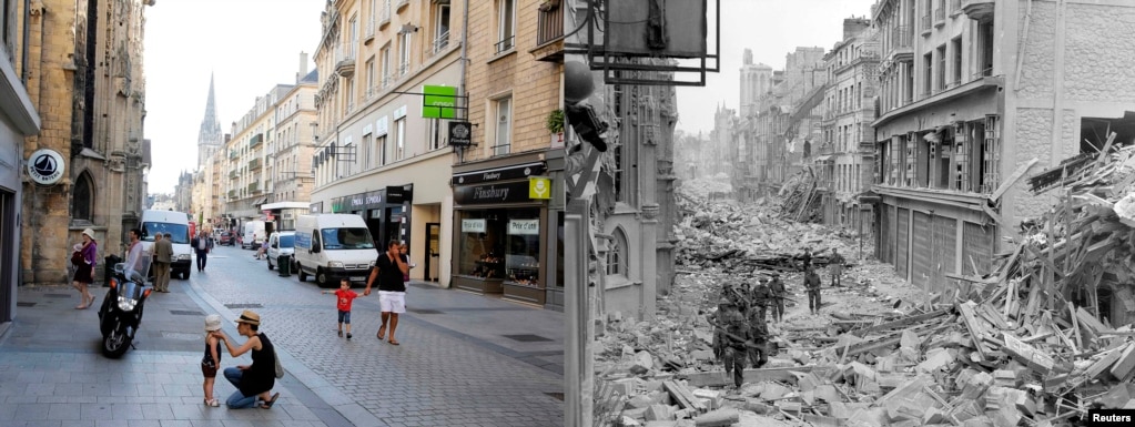 Canadian troops patrol the rubble-strewn Rue Saint-Pierre in the town of Caen after dislodging German forces.