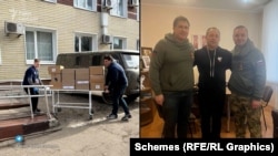 Кузнєці та Крячко розвантажують гуманітарну допомогу біля хірургічного корпусу ДОКТМО та фотографуються з Іваном Плахотніковим