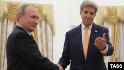 U.S. Secretary of State John Kerry (right) met immediately for talks with Russian President Vladimir Putin (left) upon his arrival in Moscow. 