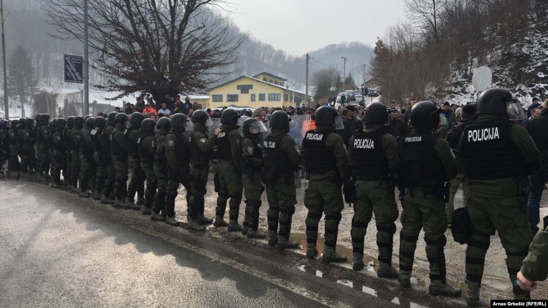 Police face off with war veterans near the city of Doboj in Bosnia-Herzegovina.
