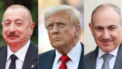 Azerbaijani President Ilham Aliyev (left) US President Donald Trump, and Armenian Prime Minister Nikol Pashinian (combo photo)
