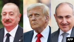 Azerbaijani President Ilham Aliyev (left) US President Donald Trump, and Armenian Prime Minister Nikol Pashinian (combo photo)