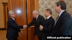 Armenia - President Serzh Sarkisian (L) meets with the Russian, French and U.S. co-chairs of the OSCE Minsk Group in Yerevan, 6Oct2017.