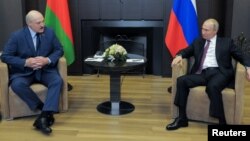 Russian President Vladimir Putin (right) meets with his Belarusian counterpart in Sochi on May 28