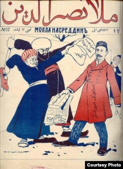 Ruhanilər təhsildə islahat təklif edən İsmayıl bəy Qaspralıya qarşı (karikatura). “Molla Nəsrəddin” jurnalı, 1906