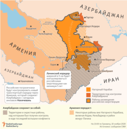 Мапа Нагорнага Карабаху з актуальным разьмяшчэньнем армянскіх і азэрбайджанскіх сіл