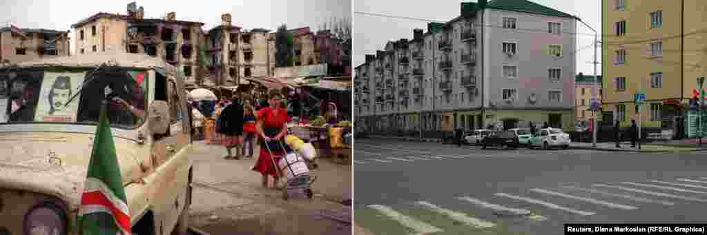 Рынак. На фота, зьнятых у верасьні 1996, чачэнскія байцы езьдзяць з партрэтам свайго лідэра - Джахара Дудаева. Цяпер рынак перанесьлі, а на яго месцы пабудаваныя новыя жылыя дамы.