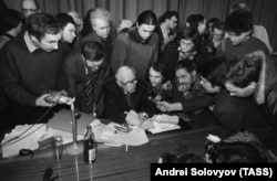 Back in the spotlight after years in exile: Sakharov talks to journalists after he was nominated as a candidate for the Soviet legislature in 1988.
