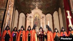 Armenia - Catholicos Garegin II (C) and other high-ranking clerics of the Armenian Apostolic Church hold a religious service.