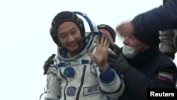 Y0zo Hirano is seen exiting the Soyuz MS-20 in Kazakhstan on December 20.