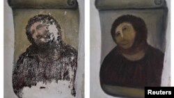 نقاشی عیسی مسیح پیش از ترمیم (چپ) و پس از ترمیم