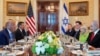 US President Donald Trump, left, hosts Israeli Prime Minister Benjamin Netanyahu, right, for dinner at the White House. 