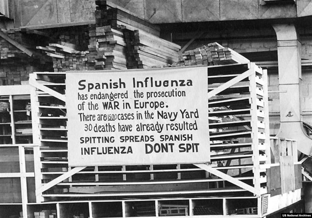 An &quot;anti-spitting&quot; sign in a U.S. Navy yard in 1918. &nbsp; As the virus began to spread, it was dubbed the &quot;Spanish Influenza&quot; for the sole reason that most European countries had muzzled their news media to control the flow of information during the war. Since Spain was neutral and its media free at the time, the first reports of the lethal new illness emerged from there.