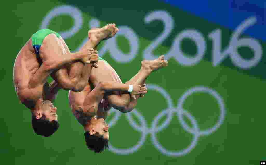 Jackson Rondinelli and Hugo Parisi of Brazil perform in the men's synchronized 10-meter platform final.