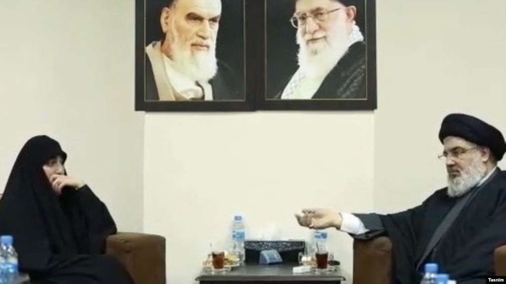 Zeinab Soleimani in a meeting with Hassan Nasrallah. She has vowed that her father will be avenged by her "uncle" Nasrallah. January 27, 2020.