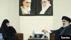 Zeinab Soleimani in a meeting with Hassan Nasrallah. She has vowed that her father will be avenged by her "uncle" Nasrallah. January 27, 2020.