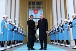 Turkish President Recep Tayyip Erdogan (right) shakes hands with Pakistani Prime Minister Imran Khan during a welcoming ceremony at the Presidential Palace in Ankara in January 4, 2019.