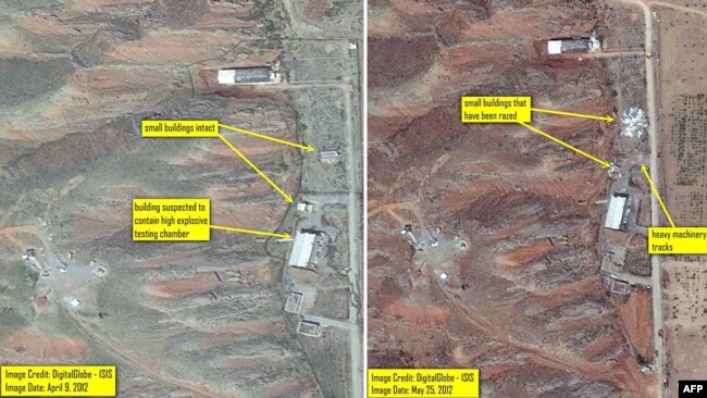 A combo photo from 2012 shows two small buildings at the suspected Parchin testing chamber have been razed (R) between April and May 2012