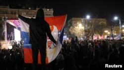 Desničarske stranke organizovale su protest protiv dijaloga lidera Srbije i Kosova i uoči odlaska Aleksandra Vučića i Aljbina (Albin) Kurtija u Ohrid. Protest u Beogradu, 17. marta 2023.