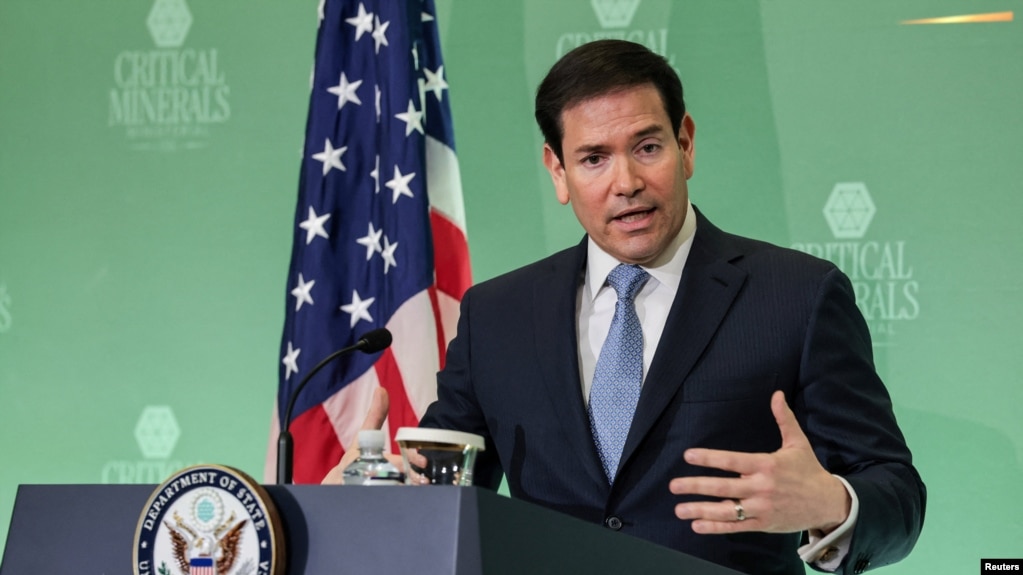 مارکو روبیو وزیر خارجۀ ایالات متحده در یک نشست خبری در واشینگتن