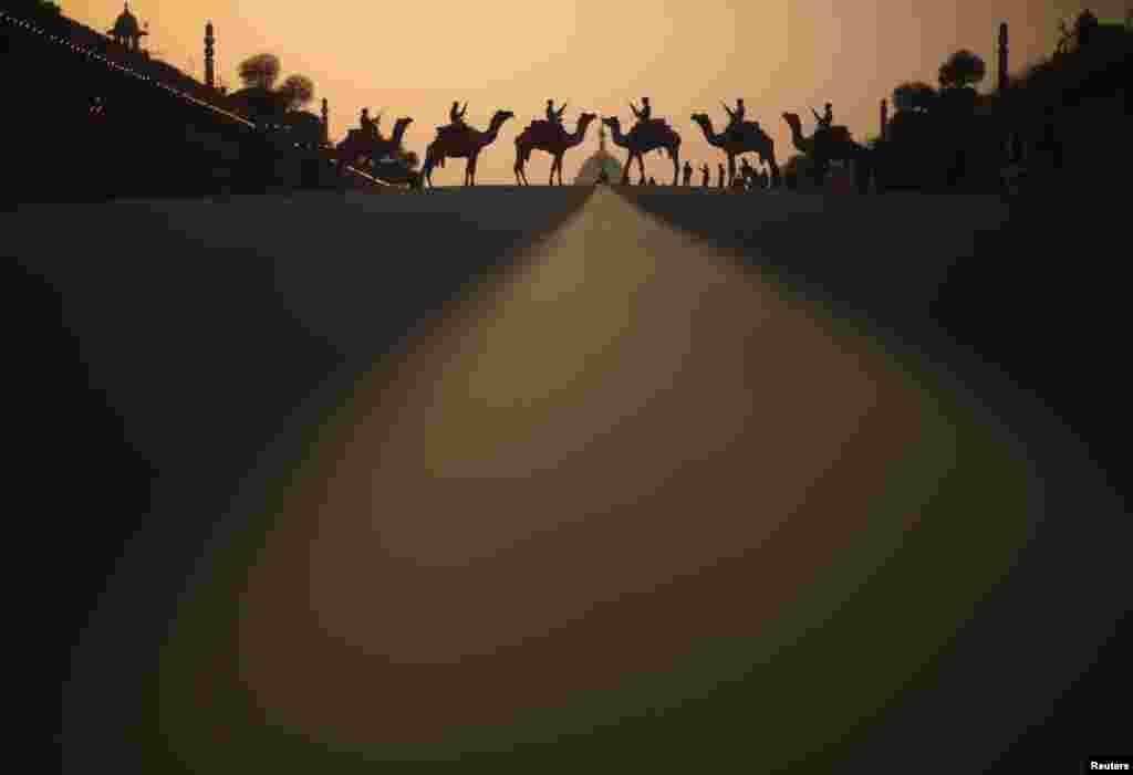 Border Security Force soldiers ride their camels in front of India's presidential palace during a rehearsal for the "Beating the Retreat" ceremony in New Delhi. The ceremony symbolizes retreat after a day on the battlefield and marks the official end of the Indian Republic Day celebrations. (Reuters/Adnan Abidi)