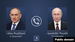 Армения премьер-министрі Никол Пашинян (сол жақта) мен Ресей президенті Владимир Путин суреттерінен коллаж