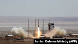 A Simorgh (Phoenix) satellite rocket at its launch site at an undisclosed location in Iran, July 27, 2017