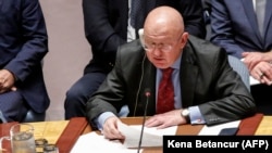 Russian Ambassador to the UN Vasily Nebenzya speaks at a UN Security Council meeting earlier this month. 