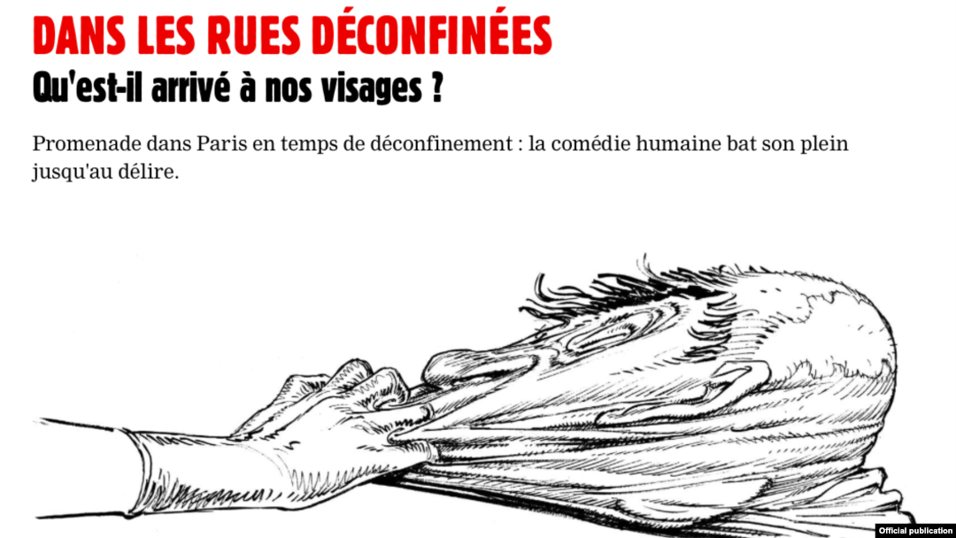 Pe stradă, după carantină. Ce s-a întâmplat cu fețele noastre? (desen în Charlie Hebdo, nr. 1453, 27 mai 2020)