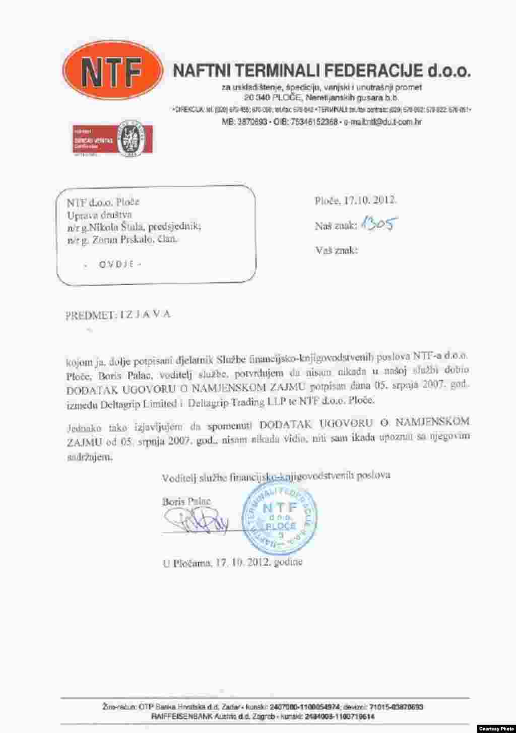 Izjava voditelja službe računovodstva.