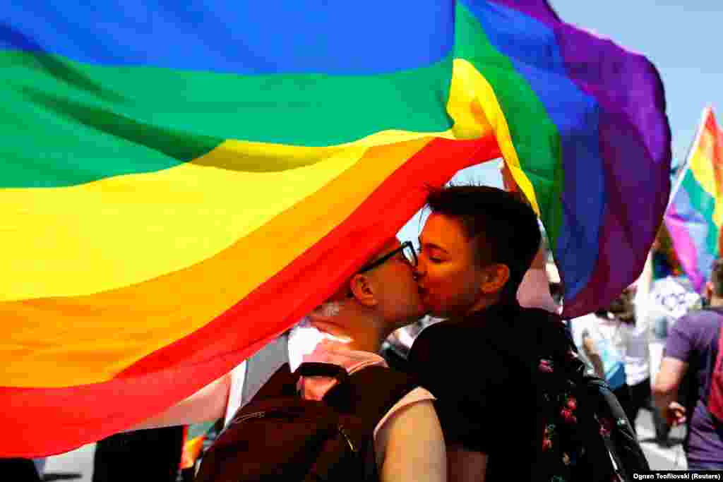 Participants kiss as they take part Macedonia's first gay-pride parade in Skopje on June 29. (Reuters/Ognen Teofilovski)
