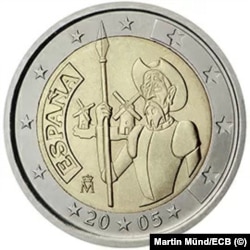 Дон Кихот, изобразен на монета от 2 евро.