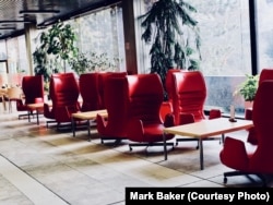 For years, the airy lobby of the Hotel Thermal in Karlovy Vary, Czech Republic, was stuffed with these retro-futuristic bright red chairs. I always admired the lobby's polished, stylish interior, which compensated in part for the aggressive exterior (below).