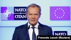 Дональд Туск падчас выступу з нагоды падпісаньня пагадненьня аб супрацоўніцтве ЭЗ і NATO, Брусэль 10 ліпеня 2018