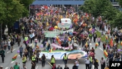 Protesters march on July 8, the final day of the G20 summit in Hamburg, Germany.